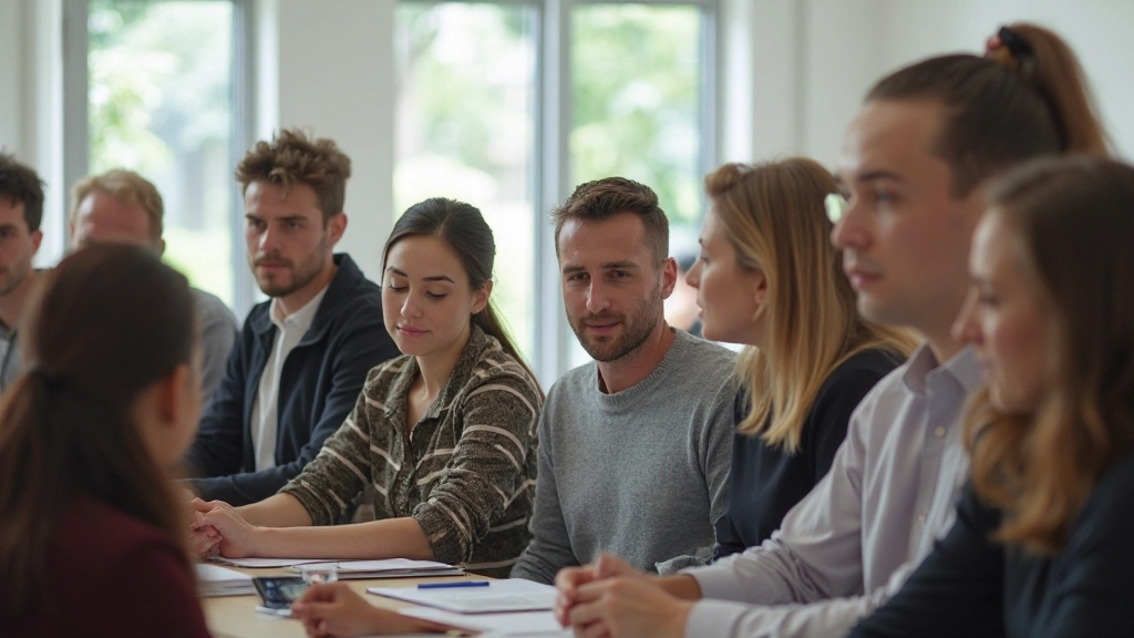 Diverse group of coaching participants in classroom setting engaged in personal development learning