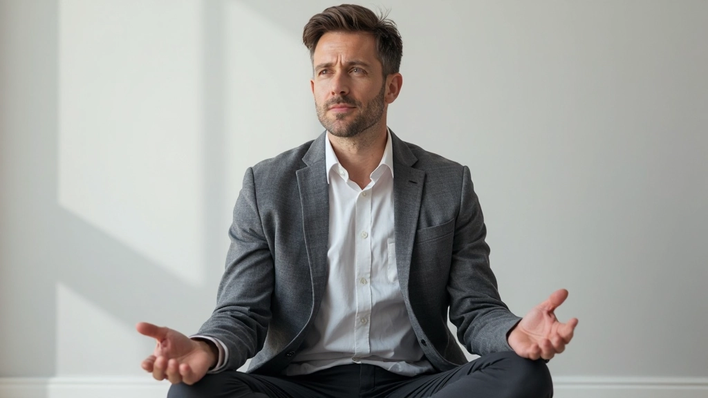 Person practicing mindfulness meditation with focused attention and peaceful expression