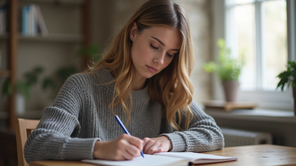 Person at desk writing in journal, reflecting on personal growth and self-improvement goals