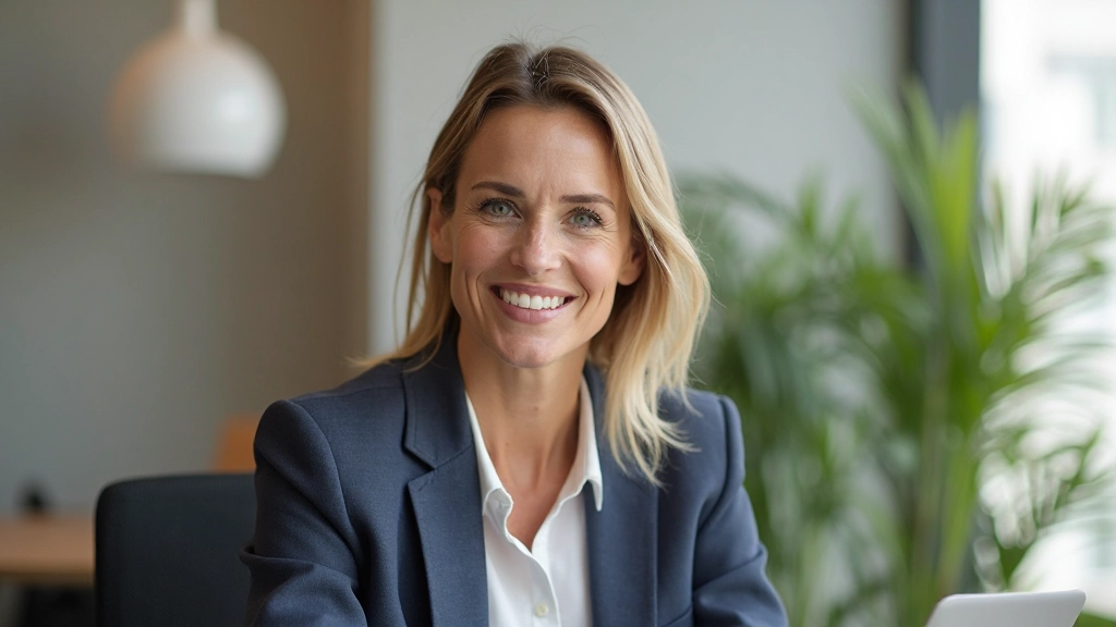 Professional woman in modern office setting smiling confidently, natural lighting, workspace environment