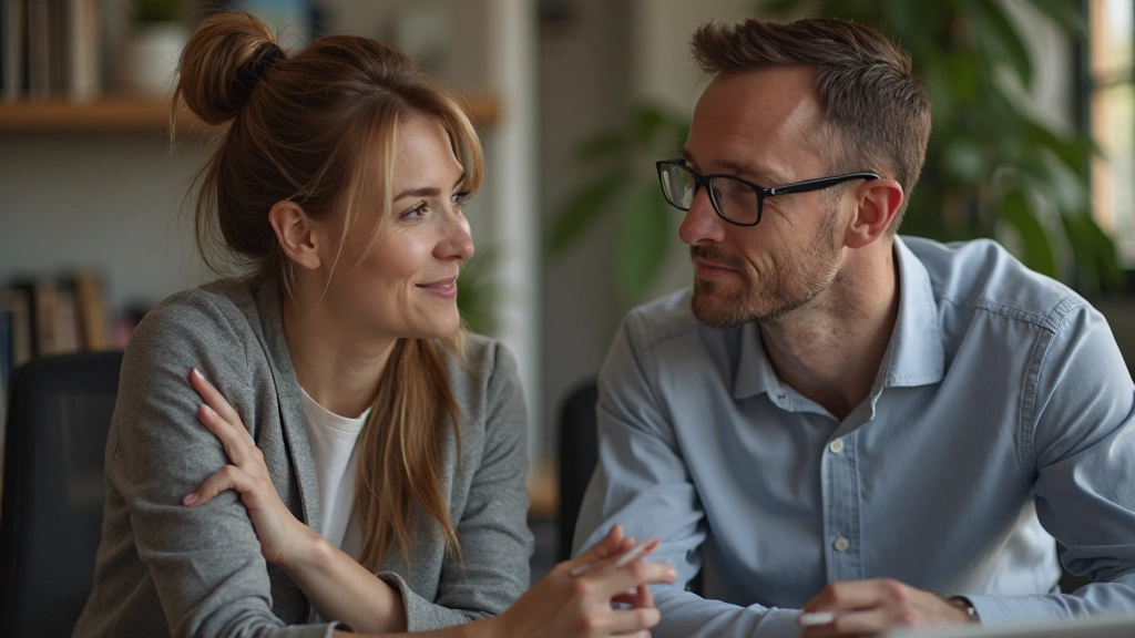 Two professionals engaged in genuine empathetic conversation showing emotional connection and understanding