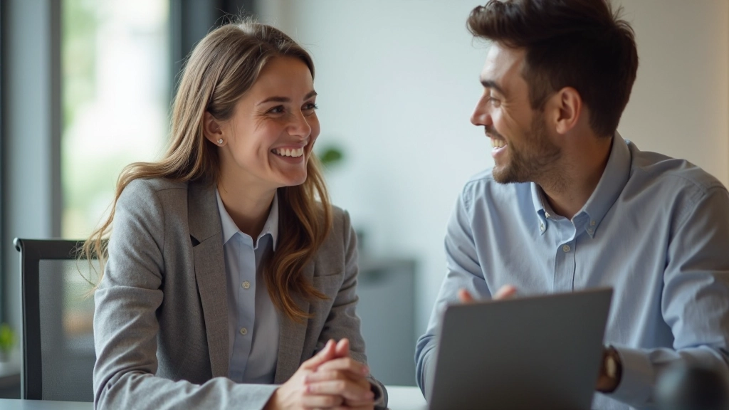 Two professionals having genuine conversation in modern office setting, showing authentic connection and confident communication