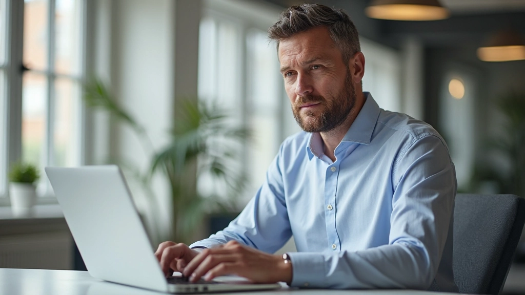 Man in professional attire sitting at desk with laptop, engaged in work, modern office setting