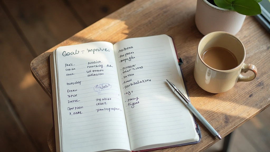 Open notebook with handwritten goals and a cup of coffee on wooden desk